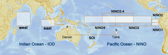 map of key regions for ENSO indices